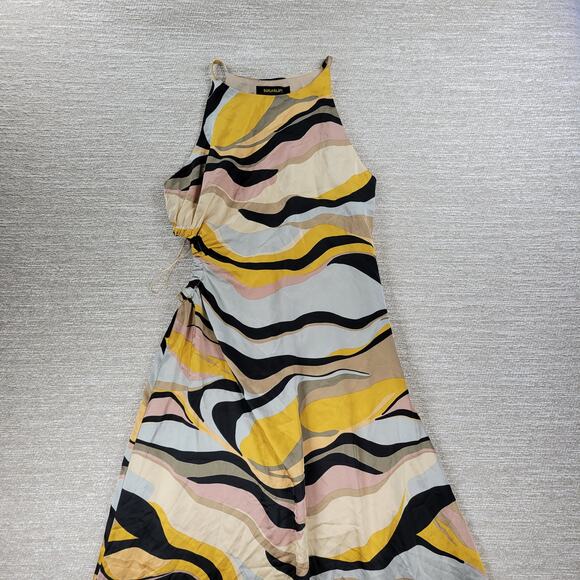 Sugarlips Lourdes Cut Out Dress Womens Large Yellow Tan Ruched Midi Silky Lined - Picture 1 of 16
